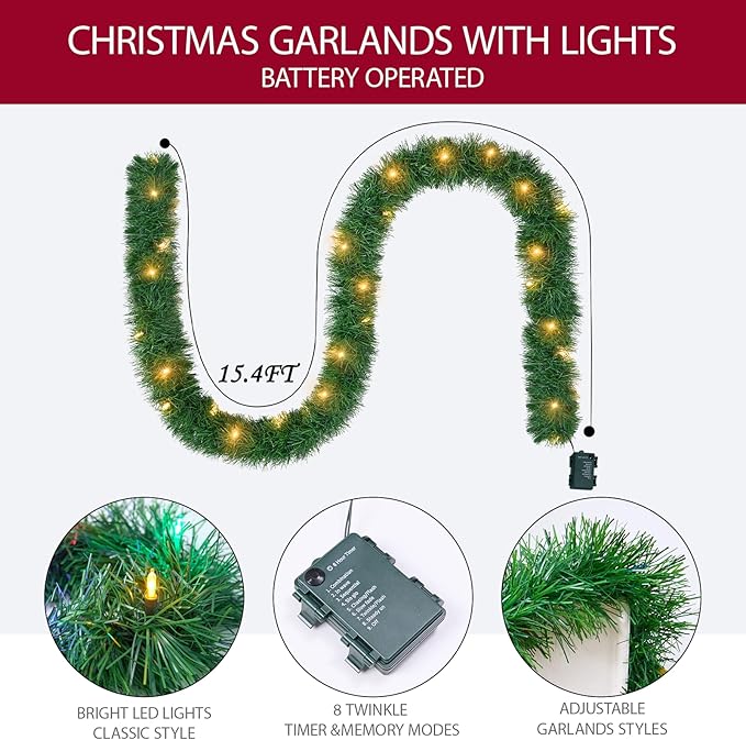 WEMADE 15.4ft Pre-Lit Christmas Garland with Lights – 50 LED Lighted Garlands for Christmas Decorations Indoor Outdoor, Battery Operated 8 Modes Memory Timer for Mantel Stair Banister Doorframe Décor