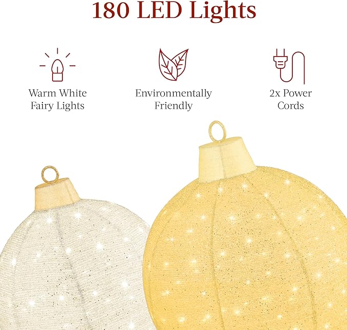 Best Choice Products 2pc Lighted Pop-Up Outdoor Christmas Ornament Set, Holiday Ball Decoration w/ 180 LED Lights, 8 Light Functions - Gold/White