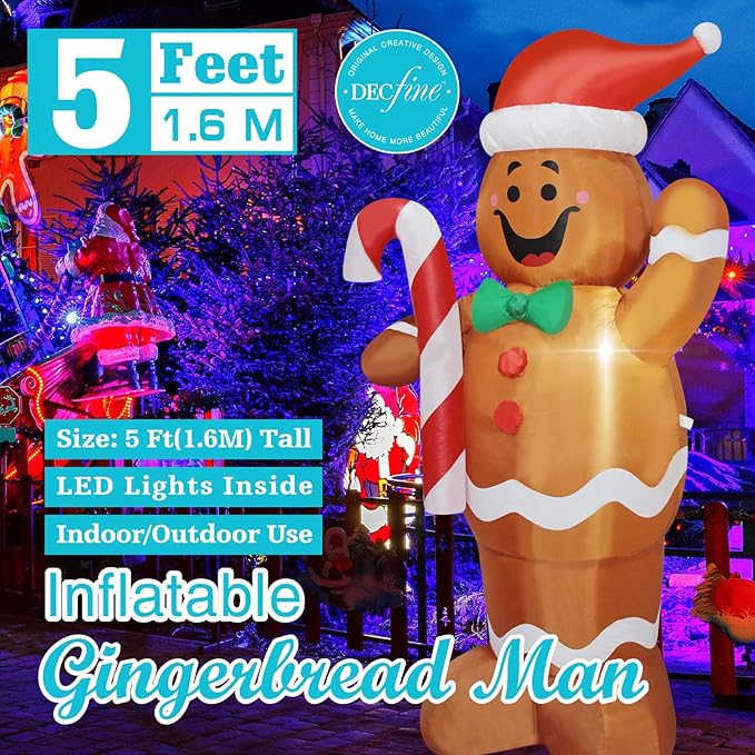 Christmas Inflatable Snowman/Nutcracker/Santa Claus Lighted Blow Up Christmas Yard Decoration with Built in Fan and Anchor Ropes (Gingerbread Man)