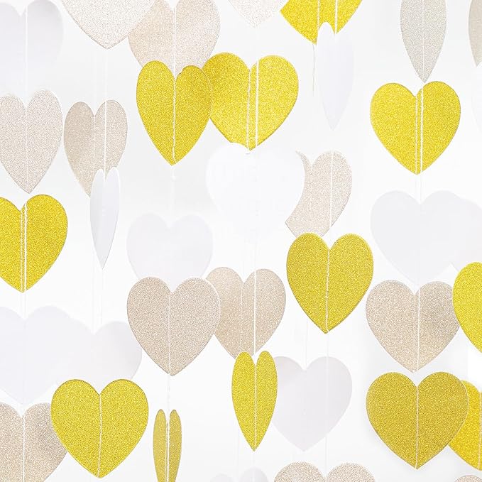 White Champagne-Gold Decorations for Party - 52Ft Heart Paper Garland Decoration Streamers Birthday Banner Bridal Baby Shower Wedding Bachelorette Engagement Graduation Hanging Decor Hongtongtong