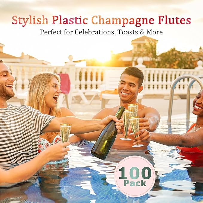 100 Pack Plastic Champagne Flutes Gold Rim Disposable Champagne Glasses, 4.5 Oz Mimosa Glasses Bulk Cocktail Toasting Cups for Party Supplies Wedding Bride Bar, Copas De Plastico Para Brindis