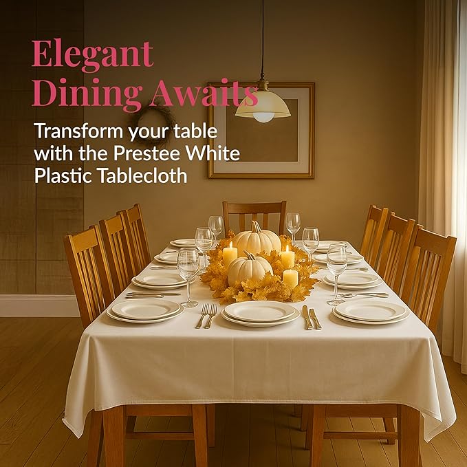 Prestee 48 White Plastic Tablecloth 108x54 Inches - No See-Through Rectangular Disposable Tablecloths for Indoor and Outdoor Events - Heavy-Duty and Waterproof for Holiday and Thanksgiving