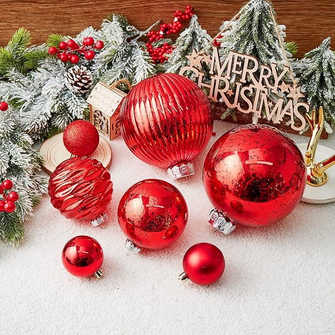 Large Christmas Ball Ornaments, Oversized Shatterproof Plastic Decorative Hanging Mercury Ornaments Ball for Xmas Holiday Party Decorations (Red, 4.0")
