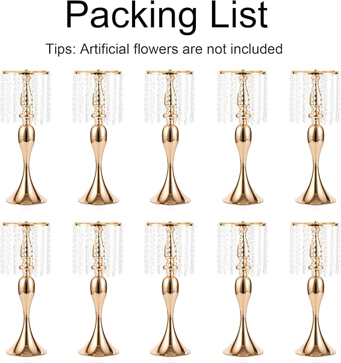 Gold Vases for Centerpieces, 10 Pcs 21.3in Crystal Flower Arrangement Stand, Wedding Centerpieces for Tables, Tall Metal Flower Vase Holders for Wedding, Event, Reception, Birthday, Home Decor