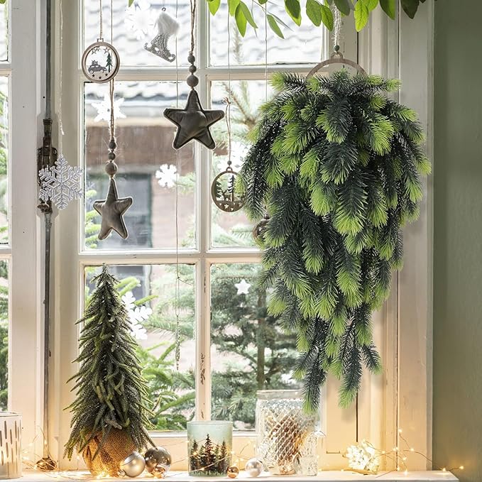 RECUTMS Artificial Hanging Pine Needles Green Plants,Fake Greenery Pine Picks Outdoor Faux Plants Hanging for DIY Christmas Embellishing and Home Outside Garden Decoration in 2 Pcs(Light Green)