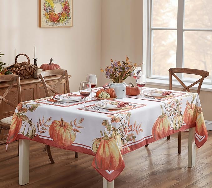 Home Bargains Plus Thanksgiving Contemporary Orange Pumpkin Tablecloth, 60 x 120 Inch Rectangle, Fall Harvest Easy Care Fabric Table Cover