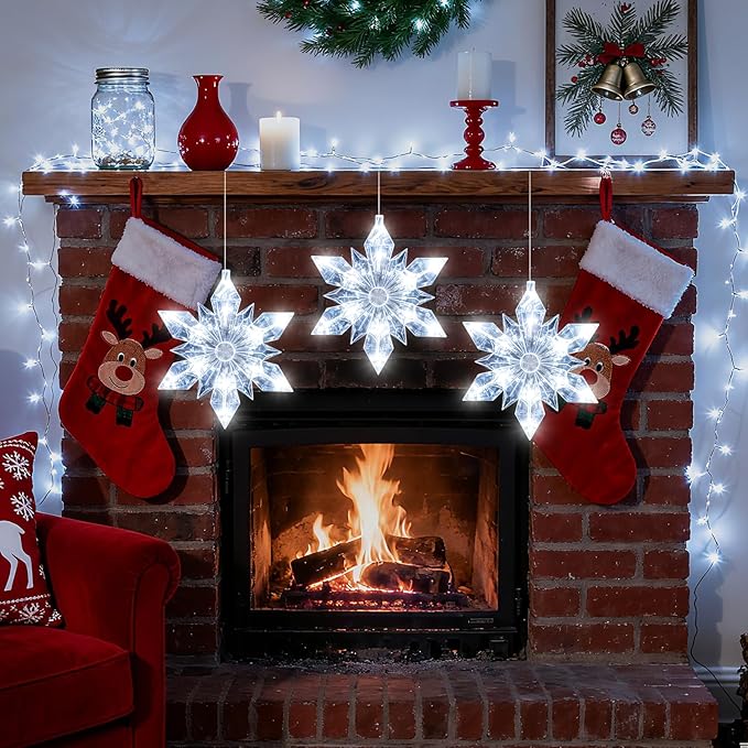 3Pack Christmas Window Lights Decorations with Timer,Battery Powered Christmas Hanging White Lighted Snowflake Shaped LED Sucker for 2026 Xmas Tree Fireplace Indoor Decor