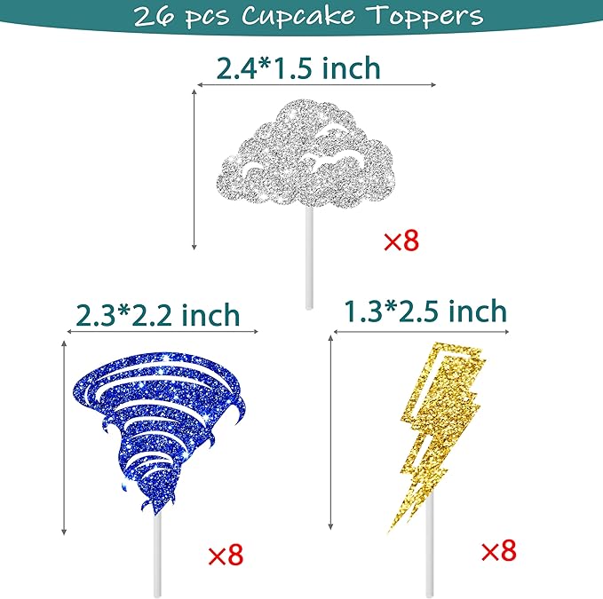 24pcs Glitter Tornado Party Cupcake Toppers Tornado Birthday Party Decorations Lightning Cloud Theme Cake Cupcake Picks for Weather Theme Birthday Party Baby Shower Supplies