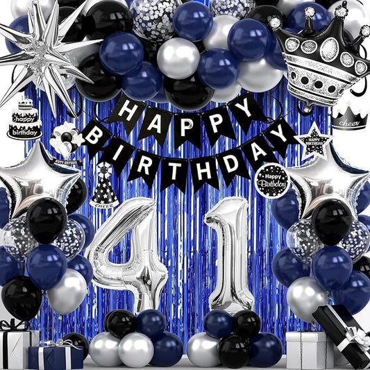 41st Birthday Decorations for Men and Women, Black Blue Silver Happy Birthday Number 41 Balloons, Banner, Fringe Curtains Garland Kit - 41 Year Old Party Supplies