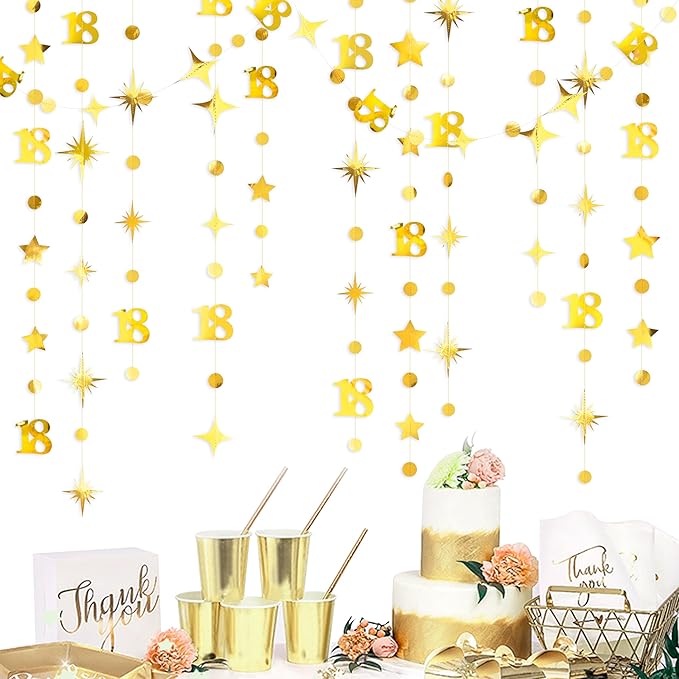 Gold 18th Birthday Decorations Number 18 Circle Dot Twinkle Star Garland Metallic Streamer Banner Backdrop for Girls Boys Happy 18th Birthday Time to Adult Cheers to 18 Years Old Anniversary Party