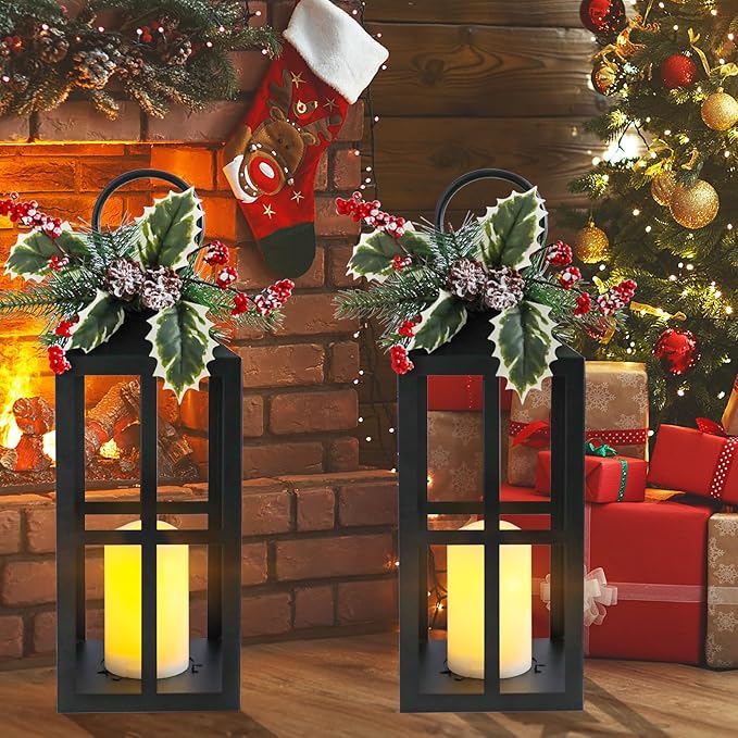 Christmas Lanterns Decorative Indoor Outdoor, 2 Pack Black Christmas Lantern, 18 Inch Timer Decorative Candle Lanterns Flameless Light with Pine Cones and Needles for Home, Party, Farmhouse Decor