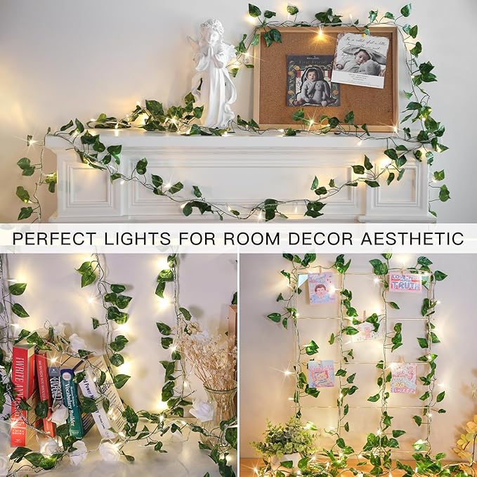 suddus Vine with Fairy Light Plug in, 33ft 100 LED Pothos String Lights Connectable with Remote, Leaf Lights for Bedroom, Room, Wall, Garden, Party, Wedding Decor (Warm White)