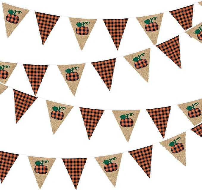 24Ft Burlap Banner - Fall Pumpkin Plaid Pennant Triangle Flag Garland Streamers - Fireplace Decor for Thanksgiving Day, Rustic Autumn Birthday Parties