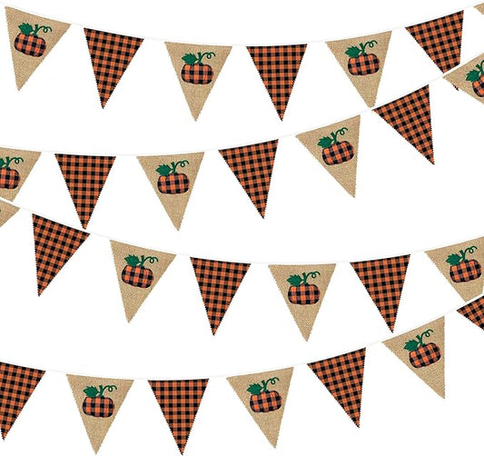 24Ft Burlap Banner - Fall Pumpkin Plaid Pennant Triangle Flag Garland Streamers - Fireplace Decor for Thanksgiving Day, Rustic Autumn Birthday Parties