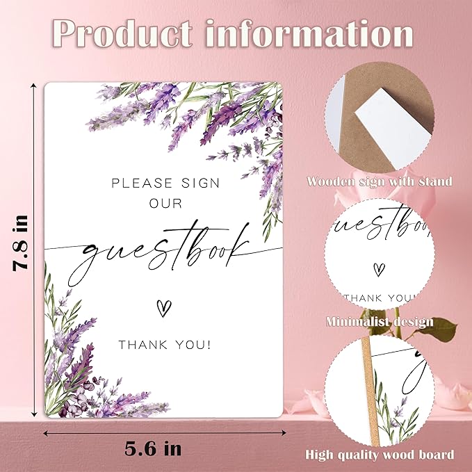 Please Sign Our Guest book, Wedding Guestbook Sign, Lavender Bridal Shower Decorations, Guest Book for Party, Purple Floral Wooden Sign with Stand for Wedding Reception And Bridal Party Decor, 36