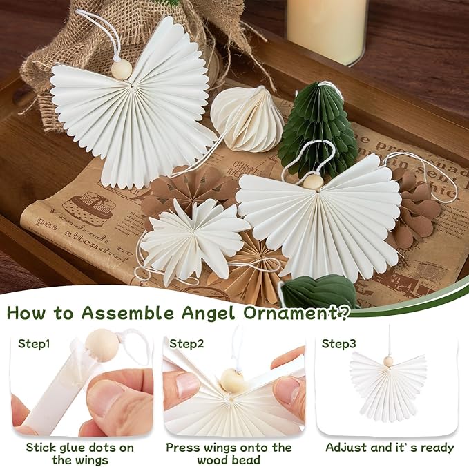 9 Pcs Mini Paper Christmas Hanging Ornaments, Handcrafted with Carstock, White, Sage Green and Brown Decorative Paper Christmas Tree Ornament, for Xmas Holiday Party Home Tree Decor