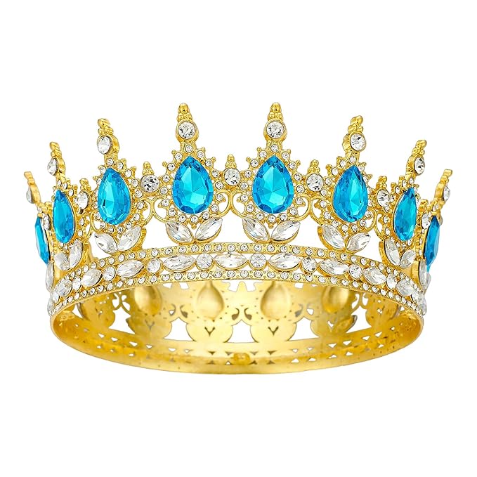 Queen Rhinestone Wedding & Bridal Crowns - Gold & Light Blue Tiaras for Women's Costume Party & Princess Birthday Accessories