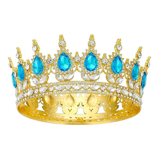 Queen Rhinestone Wedding & Bridal Crowns - Gold & Light Blue Tiaras for Women's Costume Party & Princess Birthday Accessories
