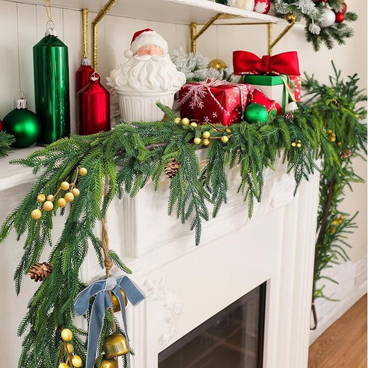 Velasko 6 FT Norfolk Pine Garland, Christmas Green Artificial Real Touch Cedar Garland, Faux Cedar with Lights, for Table, Wall, Fireplace Indoor Outdoor Decor