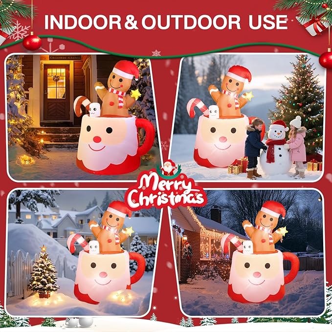 6FT Gingerbread Christmas Inflatables Decorations Outdoor，Blow Up Christmas Decoration Gingerbread Man Mug with Built-in LEDs Lights for Indoor Holiday Party Yard Garden Lawn Décor