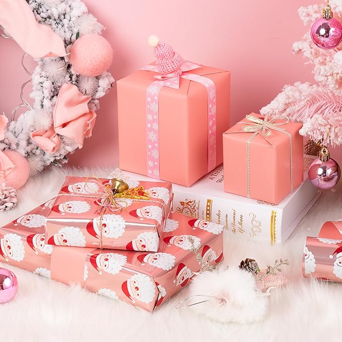 WRAPAHOLIC Reversible Christmas Wrapping Paper - Mini Roll - 17 Inch x 33 Feet - Santa Claus Wrapping Paper and Solid Rose Gold Design with Metallic Foil Shine for Chrsitmas, Holiday, Party