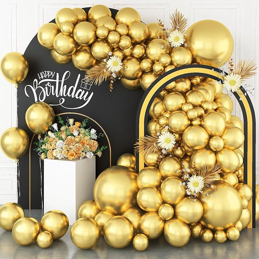 Gold Balloons Different Sizes, 113PCS Metallic Gold Balloon Garland Arch Kit 18/12/10/5 Inch Chrome Gold Helium Party Balloons Gold Metallic Latex Balloons for Birthday Baby Shower Wedding Decorations