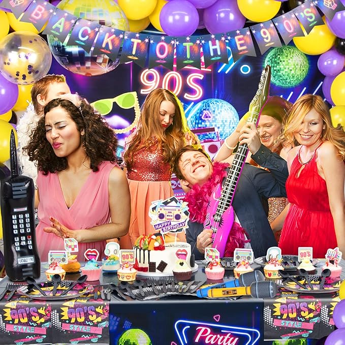 90s Party Decorations 80's 90's Theme Party Bundle includes Inflatable Gitar&Mobile Phone, Back To The 90's Banner, Tablecloth, Cake Toppers, Plates, Napkins, Hip-Hop Backdrop