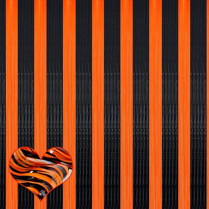 4 Pack Fringe Curtain Backdrop, 3.2Ft x 9.8Ft Black Orange Metallic Tinsel Foil Fringe Streamers Background for Photo Booth Birthday Wedding Baby Shower Carnival Easter Mother’s Day Party Decorations