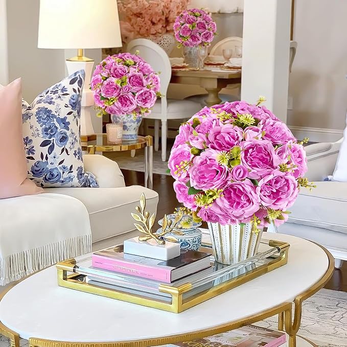 4 Packs Artificial Peonies Silk Flowers: Faux Peony Bouquet 4 Bundles, Fake Peonies Flowers Bulk for Centerpiece Table Wedding Party Home Decor for Vase Decoration (Light Purple)