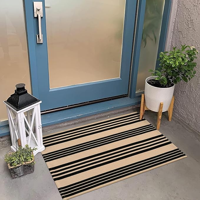 KIMODE Front Door Mats 24"x35", Striped Layered Door Mats Outdoor, Washable Farmhouse Fall Outdoor Porch Decor, Cotton Hand Woven Autumn Rugs for Entryway Kitchen Black and Khaki Thanksgiving