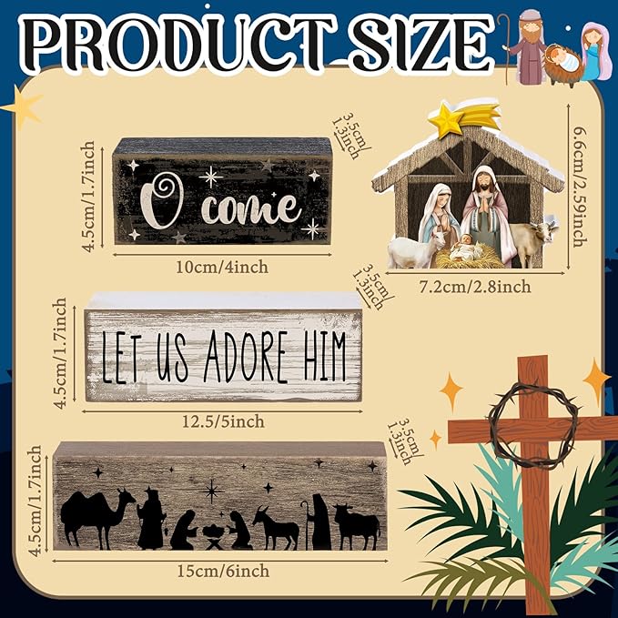 4 Pcs Christmas Table Decor Wooden Christian Religious Decoration Nativity Scene Centerpiece Nativity of Jesus Tiered Tray Decor Farmhouse Xmas Decoration for Kitchen