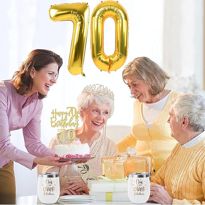 70th Birthday Decorations for Women Gold with 70th Birthday Sash and Tiara, Cake Topper and Candles, Number Balloons, 70 Year Old Gifts for Women