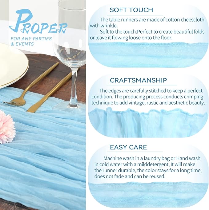 5 Packs Cheesecloth Table Runner Baby Blue, 35x120 inch Light Blue Rustic Gauze Boho Wedding Table Runner Decoration, Wedding Table Decor Table Cloth for Wedding Party Bridal Shower Table