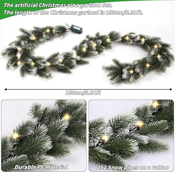 Pre Lit Snow Flocked Christmas Garland 5.9 ft Artificial Christmas Garland with Warm White LED Light and Timer Frosted Faux Pine Winter Garland for Home Indoor Outdoor Mantel Seasonal Decor