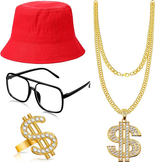 Gejoy Hip Hop Costume Kit 80s 90s Rapper Accessories Outfit for Men Women Sunglass Hat Chain Ring Halloween Party Decoration
