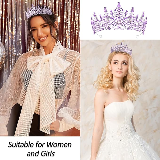 VELSCRUN Birthday Queen Tiara Crowns for Women Girls Purple Crystal Birthday Queen Headband Sash Elegant Princess Crown Happy Birth Party Decorations Mom Sisters Birth Gift Hair Accessories