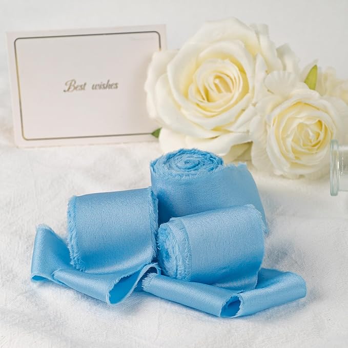 Satin Silk Ribbon, Light Blue Ribbon for Wrapping, 1-1/2 inch x 15 Yd Handmade Frayed Fringe Ribbons, for Wedding Engagement Birthday Shower Craft Flower Bouquet Invitation Decor, 3 Rolls