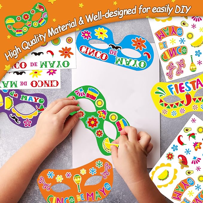 chiazllta 30 Pcs Fifth of May De Mayo Mask Craft Kits for Kids Mexican Themed DIY Eyeglasses Make Your Own Eyewears Fiesta Sombrero Party Favor Bulk Set for Preschool Classroom Activities
