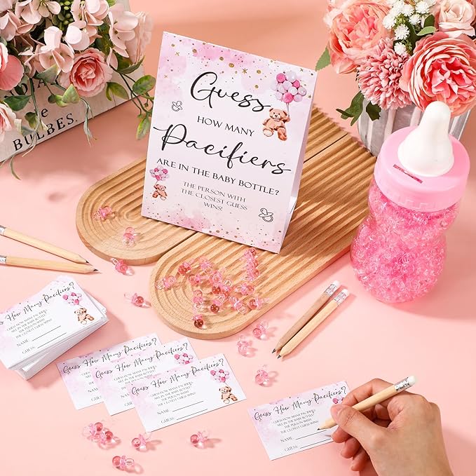 Roowest 512 Pcs Baby Shower Games Guess How Many Pacifiers Sign 100 Small Guessing Games 10 HB Pencils 750ml Milk Bottle 400 Acrylic Pacifiers Decoration for Guest Gender Reveal(Pink,Bear)