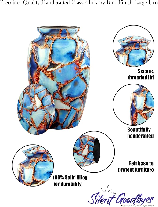 Large Cremation Urn | Handcrafted Marble Finish Adult Cremation Urn | Funeral and Memorial Cremation Urns for Human Ashes up to 200 lbs with Velvet Bag (Luxury Blue)
