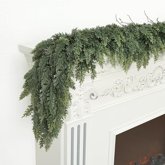 16ft Christmas Garland Realistic Soft and Thickness Green Faux Cedar Pine Garland Artificial Cedar Cypress Garland for Home Fireplace Wall Indoor Outdoor Holiday Party Home Decoration