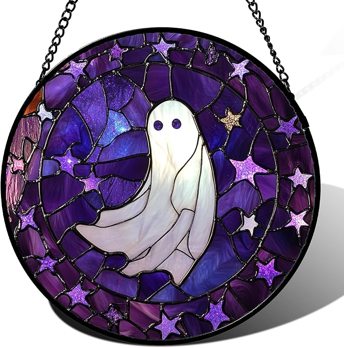 Stained Glass Window Hanging - Halloween Decoration Purple Star White Ghost Suncatcher for Doors Garden Indoor Spooky Sun Catchers Gothic Decor Horror Gifts for Women Men Friend 9.8 in