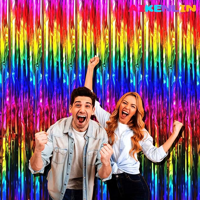 4 Pack Colorful Foil Fringe Curtain Backdrop, 3.2Ft x 9.8Ft Metallic Tinsel Foil Fringe Streamers Curtains for Party, Photo Booth Prop, Birthday, Wedding, Christmas Party Decoration Supplies