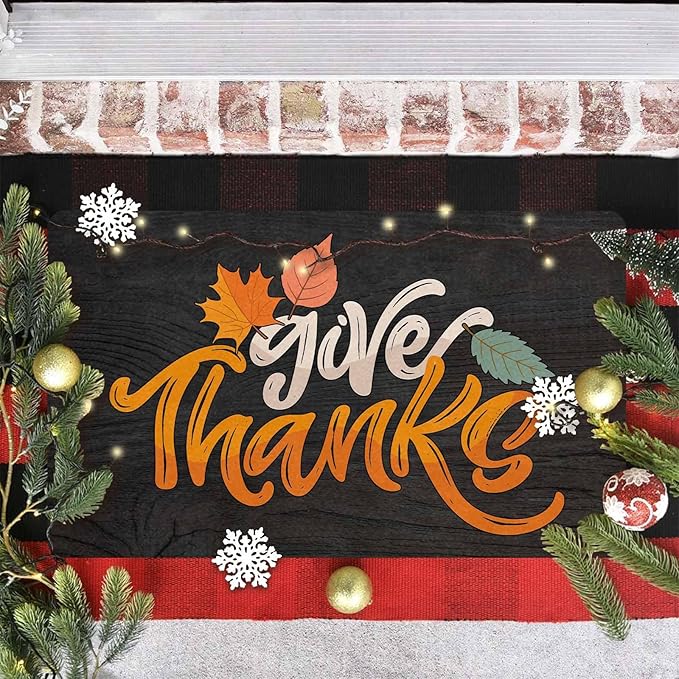 InterestPrint Fall Thanksgiving Welcome Door Mat, Give Thanks Decor for Covered Outdoor Area Fall Maple Leafs Decor Welcome Mat for Autumn Halloween Thanksgiving Farmhouse Decor, 24"x16"inch