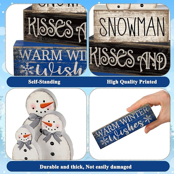 4 Pcs Christmas Table Decor Winter Snowman Wooden Table Decorations Rustic Signs Tiered Tray Decor Wood Farmhouse Vintage Ornaments Winter Christmas Gift for Kitchen Home Desk
