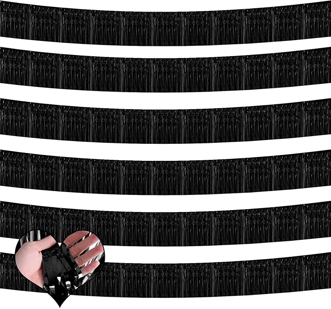 6 Pack 10 Feet 2024 New Year Foil Fringe Garland Metallic Tinsel Banner Wall Hanging Curtain Streamers Backdrop for Parade Floats Bachelorette Wedding Birthday Party Christmas Decorations(Black)