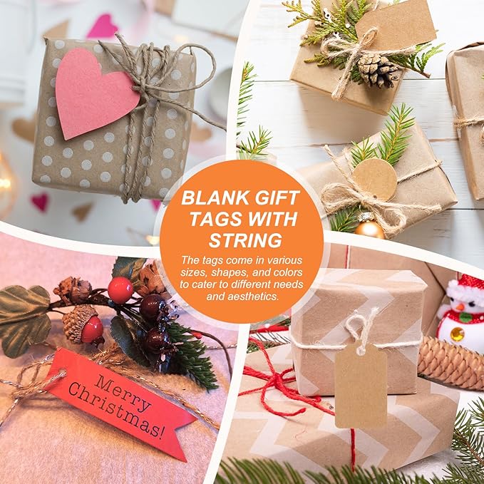 PATIKIL 100 Pcs Blank Gift Tags with String, 2.8x0.8 Inch Kraft Paper Tags Gift Bags Tags Mini Thank You Label with Holes for Wedding Holiday Party Favor Clothes Craft, Brown