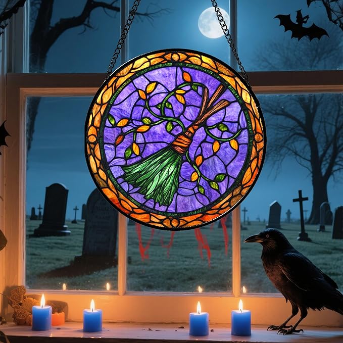 Stained Glass Window Hanging - Halloween Decorations Witch Magic Broom Suncatcher for Doors Garden Spooky Funny Purple Sun Catchers Gothic Decor Horror Gifts for Women Men Friend 11.8 in
