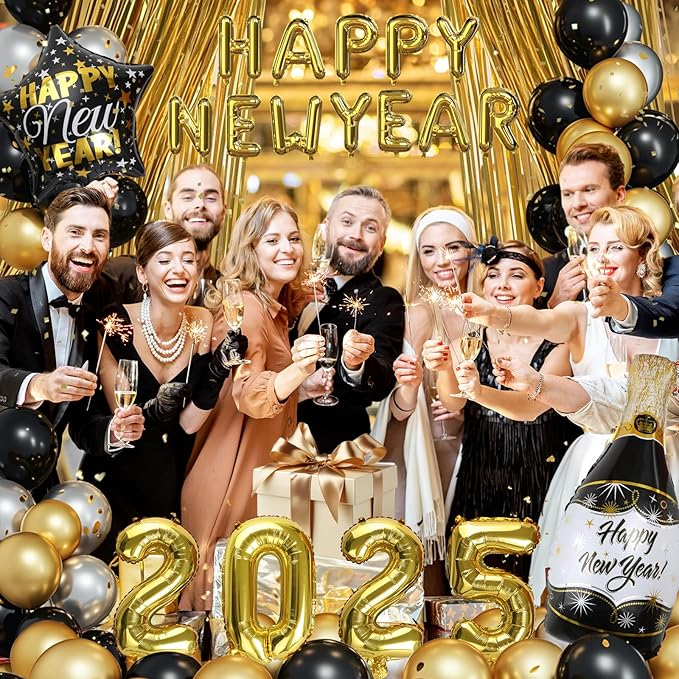 Nye Decorations 2025, Black and Gold Balloons 2025 Number Balloons Champagne Balloons New Year Banner Fringe Backdrop for New Years Eve Party Supplies 2025