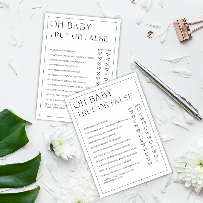 Baby Shower Party Games- Minimalism Black &White-True Or False Game For Guest-30 Game Cards & 1 Answer Card-Wishes For Baby-Baby Announcement Gender Reveal Game Card 08